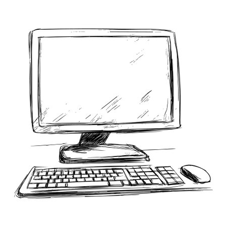 Linear sketch of a computer monitor with keyboard and mouseのイラスト素材