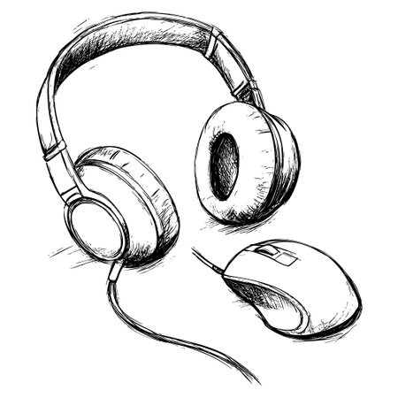 Stylized sketch of headphones and a computer mouse on white backgroundのイラスト素材