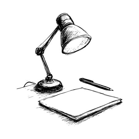 Sketch of a desk lamp illuminating a blank notepad and penのイラスト素材