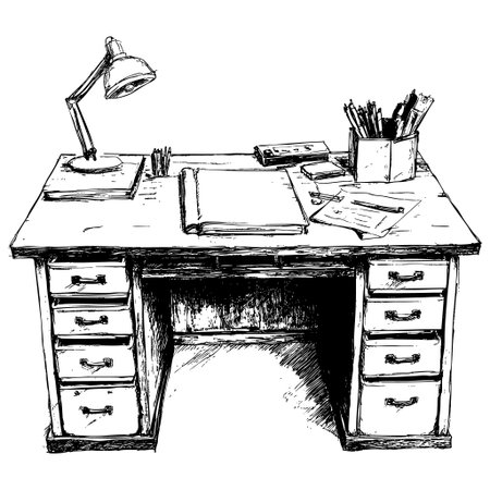 Artistic sketch of a wooden desk with stationery items.のイラスト素材