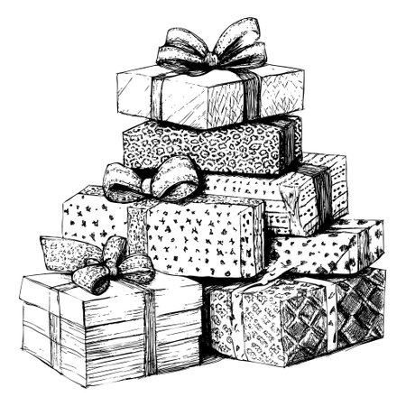 Beautiful illustration of stacked gift boxes with bowsのイラスト素材