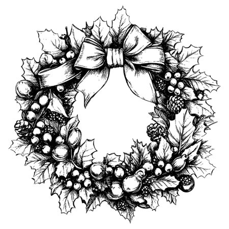 Intricate black and white holiday wreath featuring berries and leavesのイラスト素材