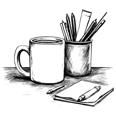 Artistic sketch of a coffee mug surrounded by stationery items, featuring simple line drawing suitable for editorial and design use.のイラスト素材