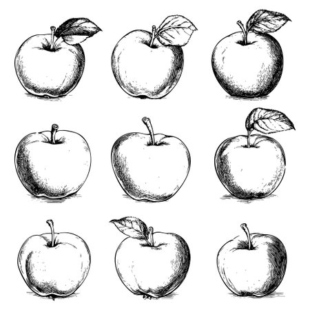 Nine hand-drawn apples arranged in a grid patternのイラスト素材