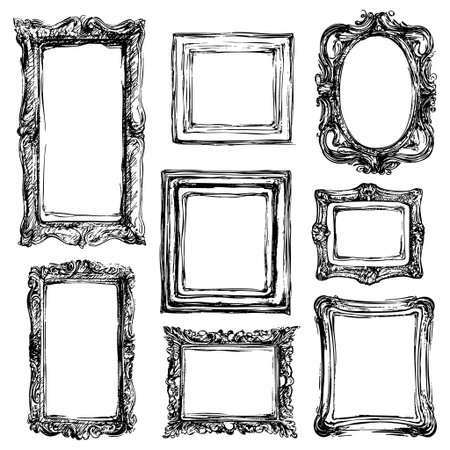 Assorted vintage picture frames in various ornate designs and sizesのイラスト素材