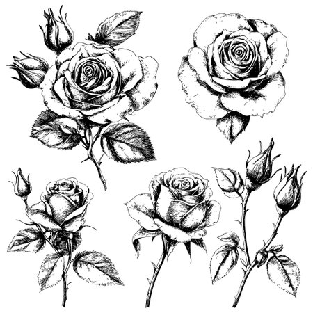 Collection of detailed hand-drawn roses in various stagesのイラスト素材