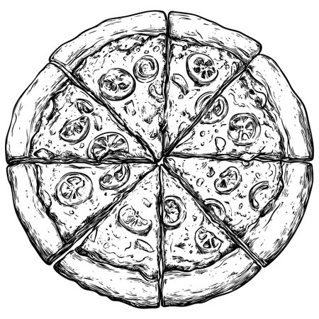 Hand-drawn illustration of a sliced pizza topped with vegetablesのイラスト素材