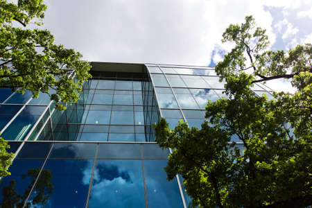 Office building surrounded by alot of trees under blue skyの写真素材