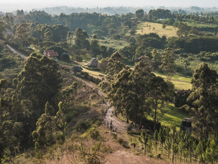 Lush rural landscape of the crater lakes region near Fort Portal, Ugandaの写真素材