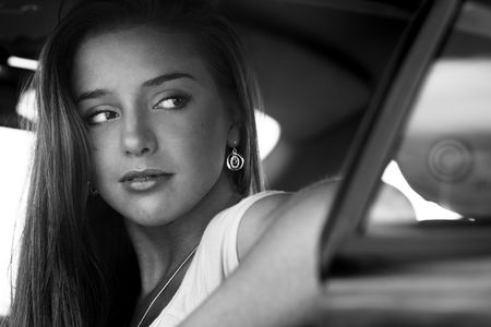 Black-and-white portrait of positive beauty. Photo with copyspace.の写真素材