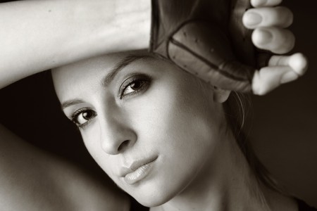 Portrait of attractive young blond girl in sports gloves.の写真素材