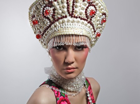 Attractive model in exclusive design clothes on manners old-slavic. Close-up face.の写真素材