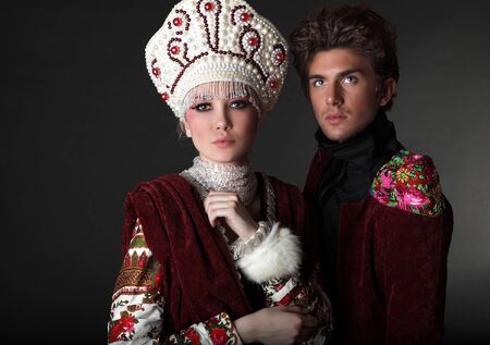 Pair models in exclusive design clothes on manners old-slavic. の写真素材