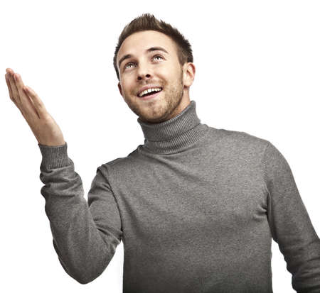 Close-up portrait of young happy man isolated on white background  の写真素材