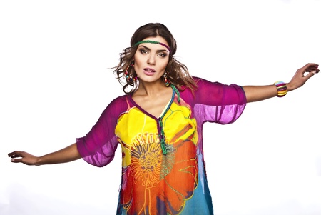 Portrait of a beautiful casual woman in colorful dress の写真素材