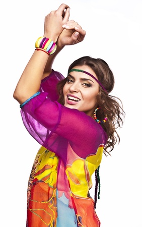 Portrait of a beautiful casual woman in colorful dress の写真素材