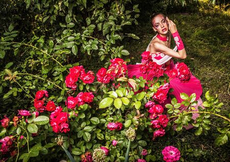 Attractive romantic woman on beautiful dress pose outdoor  Autumn  の写真素材