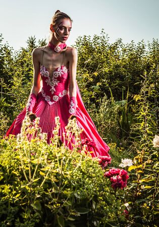 Attractive romantic woman on beautiful dress pose outdoor  Autumn  の写真素材