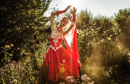 Attractive romantic woman on beautiful dress pose outdoor  Autumn  の写真素材