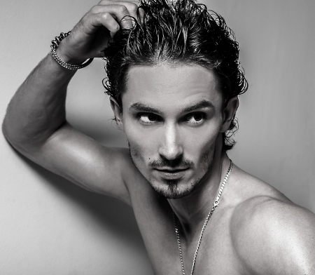 Beautiful and health athletic caucasian muscular young man  Black-white photo  の写真素材