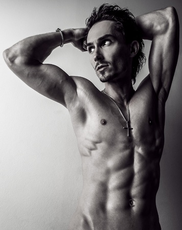 Beautiful and health athletic caucasian muscular young man  Black-white photo  の写真素材