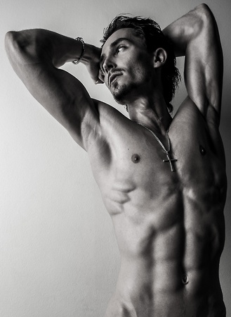 Beautiful and health athletic caucasian muscular young man  Black-white photo  の写真素材
