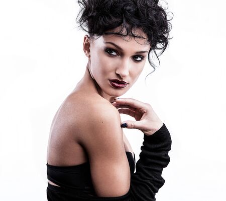 Beautiful face of young stylish woman on white background  