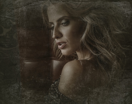 Retro styled grunge portrait of young beautiful woman の写真素材