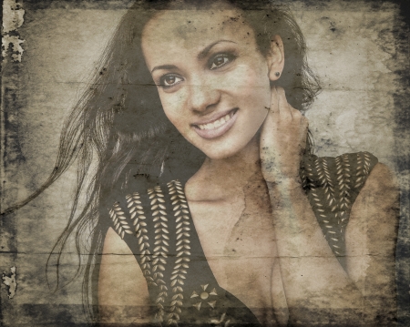 Retro styled grunge portrait of young beautiful woman の写真素材