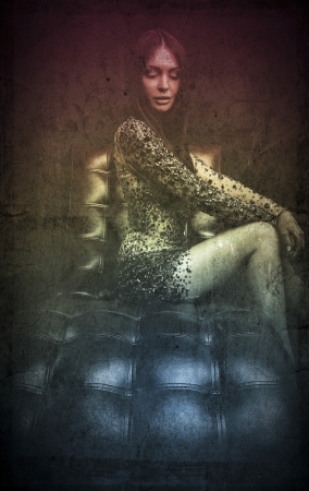 Retro styled grunge portrait of young beautiful woman の写真素材