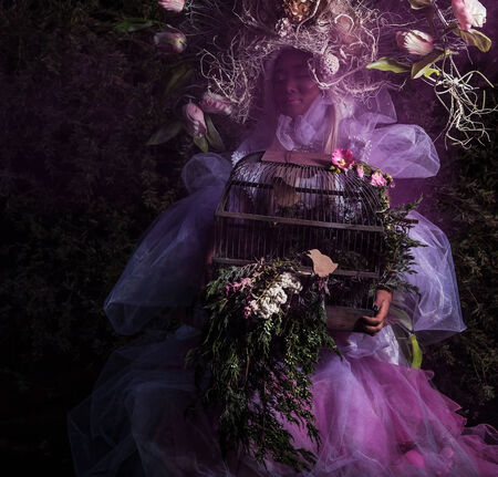 Fashion image of sensual girl in bright fantasy stylization  Outdoor fairy tale art photo の写真素材