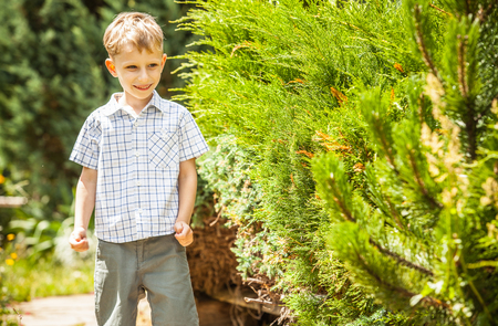 Outdoor portrait of positive little boy in sunny summer garden.の写真素材