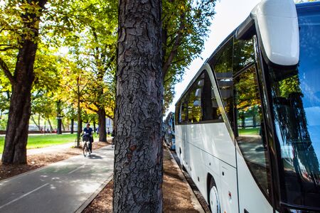 Tourist bus in Parisian park close-up.のeditorial素材