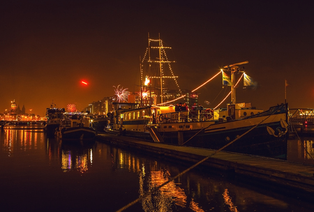 AMSTERDAM, NETHERLANDS - JANUARY 1, 2016: Festive salute of fireworks on New Year's night. On January 1, 2016 in Amsterdam - Netherland.のeditorial素材
