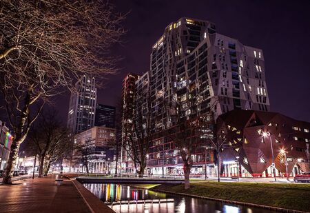 ROTTERDAM, NETHERLANDS - DECEMBER 26, 2015: Famous city sights at night time on December 26, 2015 in Rotterdam - Netherlands.のeditorial素材
