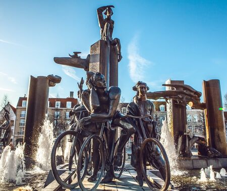 Fountain in square t'Zand in Bruges, Belgium.の写真素材