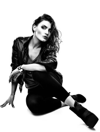 Black-white portrait of beautiful fashionable woman.の写真素材