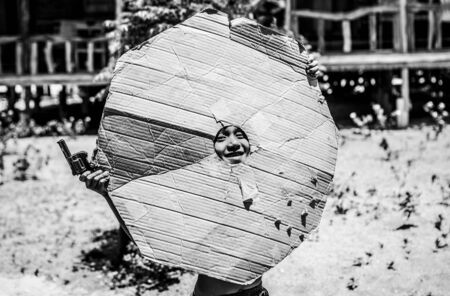 Boys in Thailand village. Black-white photo.の写真素材