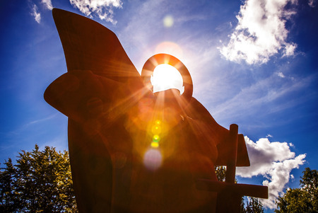 AMSTERDAM, NETHERLANDS - AUGUST 15, 2016: Famous sculptures of Amsterdam city centre close-up at sun set time. General landscape view of city monuments & art objects. Amsterdam - Netherlands.のeditorial素材