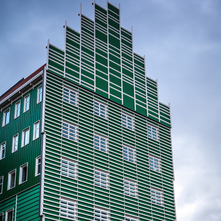 ZAANDAM, NETHERLANDS - JUNE 13, 2016: General landscape views in traditional architecture of Zaan region at twilight on 13 June in Zaandam, Holland.のeditorial素材