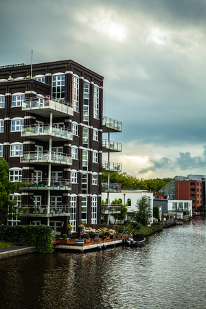 Traditional residential Dutch buildings. General landscape at twilight.のeditorial素材