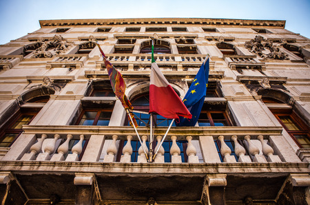 VENICE, ITALY - AUGUST 18, 2016: Famous architectural monuments and colorful facades of old medieval buildings close-up on August 18, 2016 in Venice, Italy.のeditorial素材
