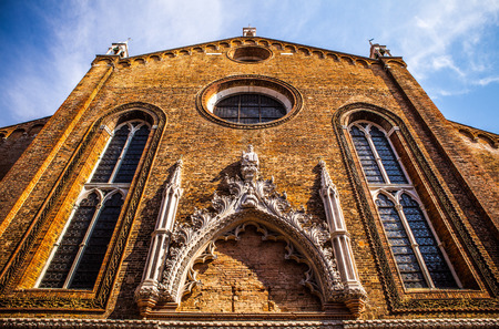 VENICE, ITALY - AUGUST 18, 2016: Famous architectural monuments and colorful facades of old medieval buildings close-up on August 18, 2016 in Venice, Italy.のeditorial素材