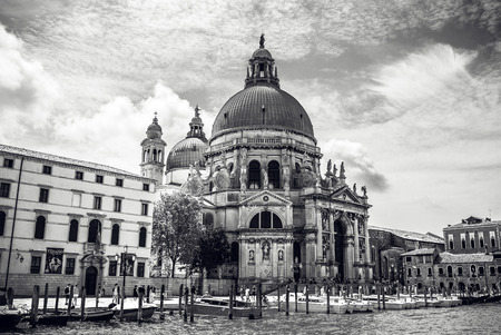 VENICE, ITALY - AUGUST 19, 2016: Famous architectural monuments facades of old medieval buildings close-up. Black-white photo on August 19, 2016 in Venice, Italy.のeditorial素材
