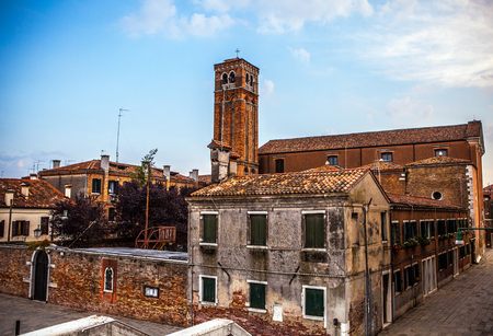 VENICE, ITALY - AUGUST 17, 2016: Famous architectural monuments and colorful facades of old medieval buildings close-up on August 17, 2016 in Venice, Italy.のeditorial素材