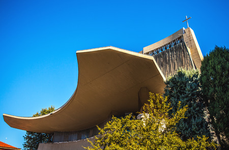 MESTRE, ITALY - AUGUST 22, 2016: Famous architectural monuments and facades of city buildings in Mestre close-up on August 22, 2016 in Mestre, Italy.のeditorial素材