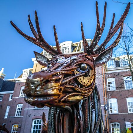 AMSTERDAM, NETHERLANDS - JANUARY 08, 2017: Dear from rusted metal elements. Famous sculptures of Amsterdam city centre. January 08, 2017 in Amsterdam - Netherlands.のeditorial素材