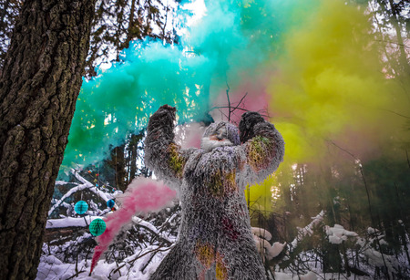 Yeti fairy tale character in winter forest. Outdoor fantasy photo.の写真素材