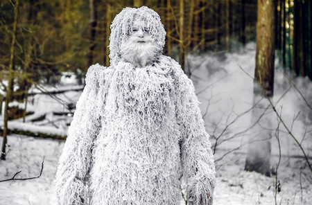 Yeti fairy tale character in winter forest. Outdoor fantasy photo.の写真素材