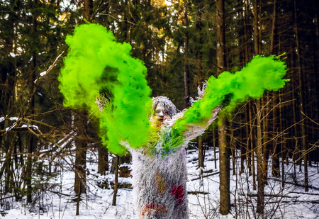 Yeti fairy tale character in winter forest. Outdoor fantasy photo.の写真素材